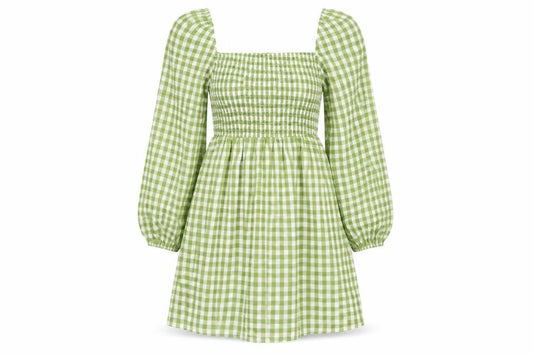 Front view of PRETTYLITTLETHING Women’s Green Check Puff Sleeve Short A-Line Dress UK 6