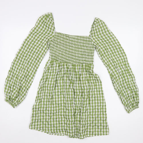 PrettyLittleThing Women’s Green Check Puff Sleeve Short A-Line Dress UK 6