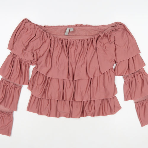 ASOS Womens Pink Off Shoulder Ruffle Blouse UK 12 Long Sleeve