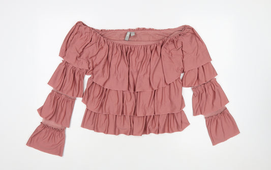 ASOS Womens Pink Off Shoulder Ruffle Blouse UK 12 Long Sleeve
