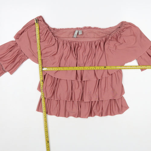 ASOS Womens Pink Off Shoulder Ruffle Blouse UK 12 Long Sleeve