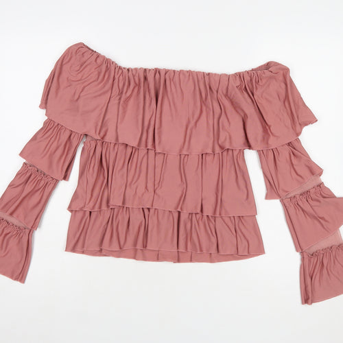 ASOS Womens Pink Off Shoulder Ruffle Blouse UK 12 Long Sleeve