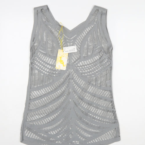 J&L Paris Women Grey V-Neck Mesh Tunic Tank Top One Size