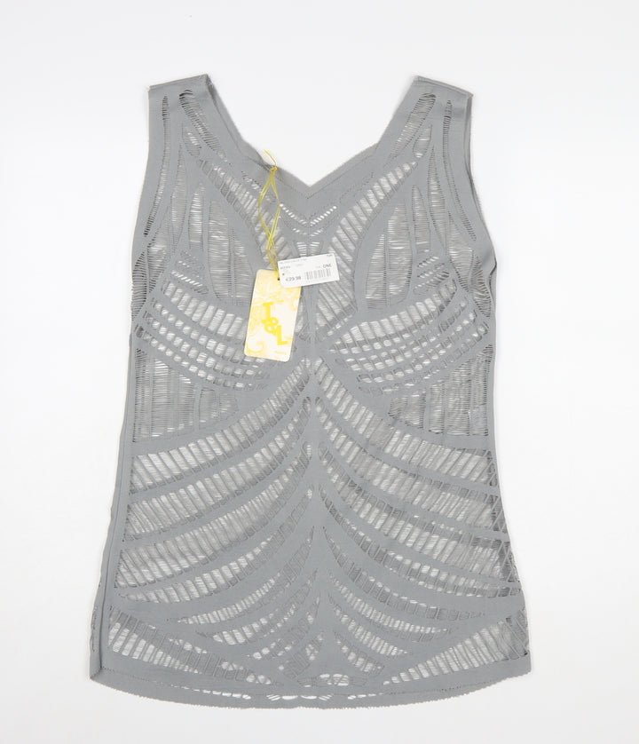 J&L Paris Women Grey V-Neck Mesh Tunic Tank Top One Size