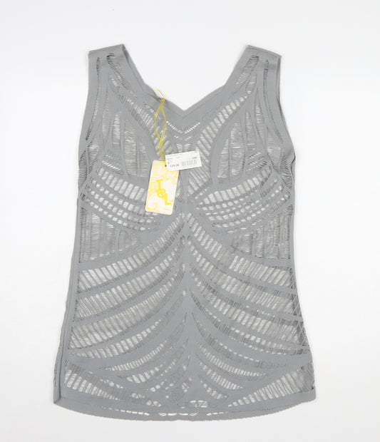 J&L Paris Women Grey V-Neck Mesh Tunic Tank Top One Size