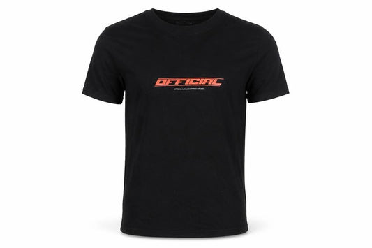 Front view of boohooMAN Men's Black OFFICIAL Graphic Cotton T-Shirt, size S