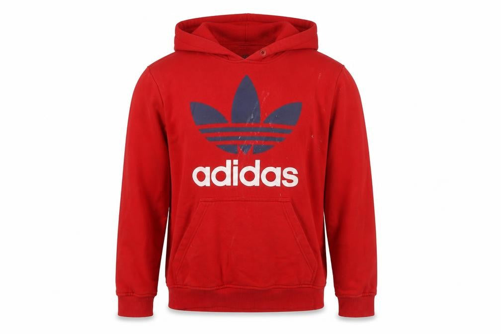 Front view of adidas men’s red pullover hoodie m graphic logo fleece sweatshirt