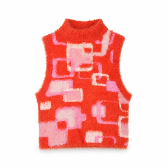 Front view of Vintage Supply Women's Red Retro Knit Sleeveless Roll Neck Vest, size 8
