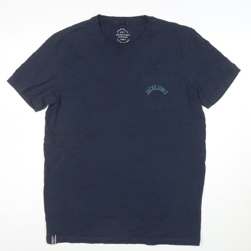 Jack & Jones Men's Blue Cotton Crew Neck Regular Fit T-Shirt Size L