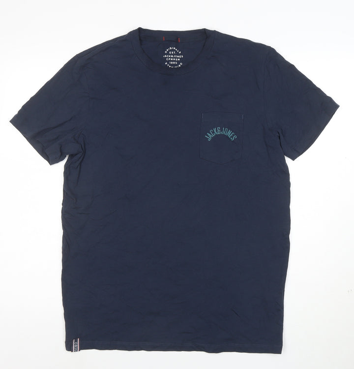 Jack & Jones Men's Blue Cotton Crew Neck Regular Fit T-Shirt Size L