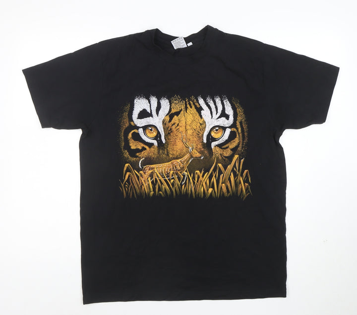 Wild Collection Men’s Black Tiger Eyes Graphic Animal Print T-Shirt L