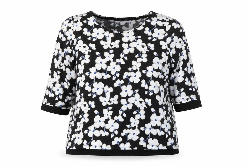 Front view of Bonmarché Women’s Black Floral 3/4 Sleeve jumper, size UK 20