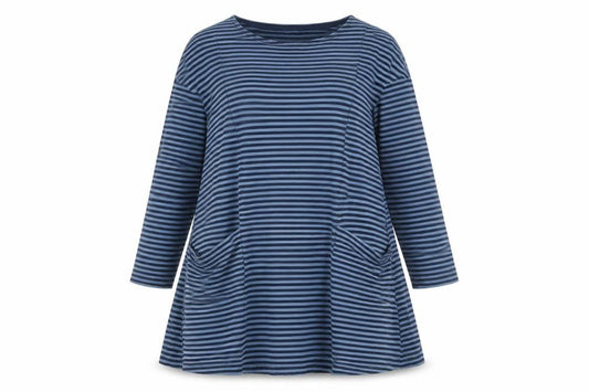 Front view of Salt Cornwall Women Blue Striped Trapeze Dress, size 10, Long Sleeve