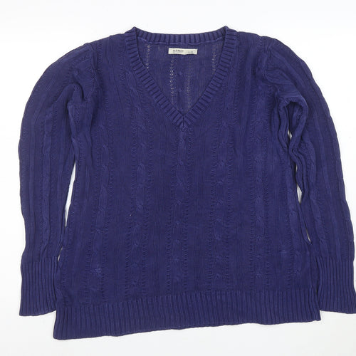 Old Navy Women's Blue Cable-Knit Cotton V-Neck Jumper Size L