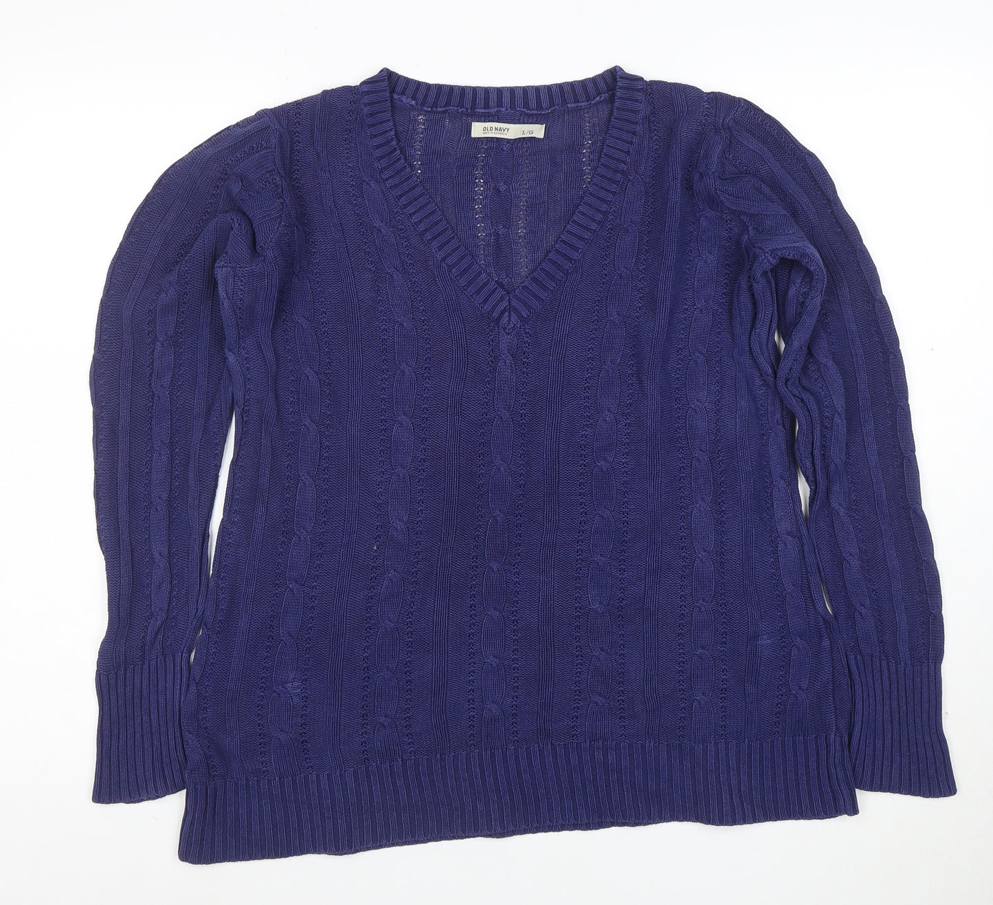 Old Navy Women's Blue Cable-Knit Cotton V-Neck Jumper Size L