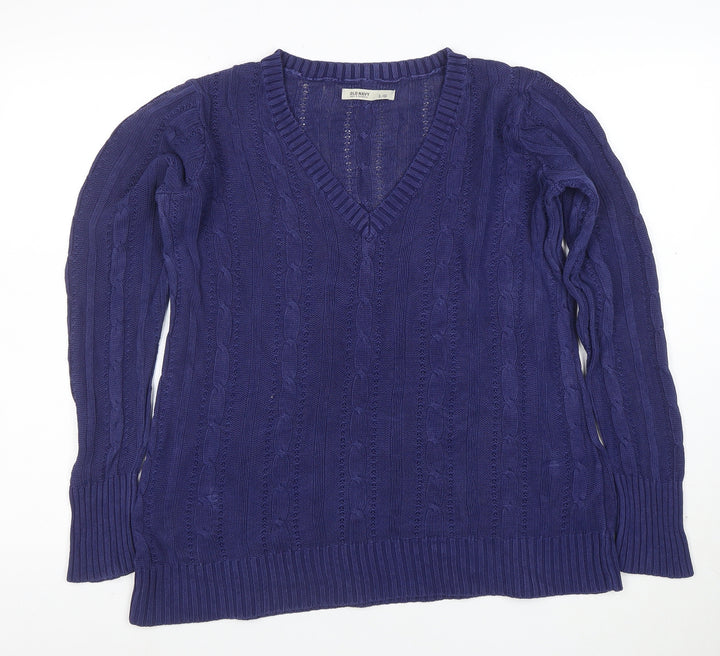 Old Navy Women's Blue Cable-Knit Cotton V-Neck Jumper Size L