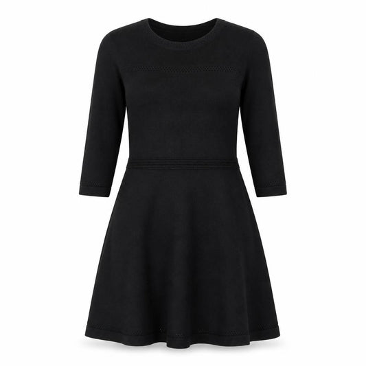 Front view of ASOS Women’s Black Knit A-Line Dress, size UK 8, 3/4 Sleeve Crew Neck