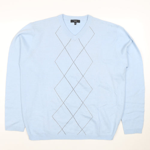 Thomas Nash Men's Blue Argyle V-Neck Acrylic Jumper M