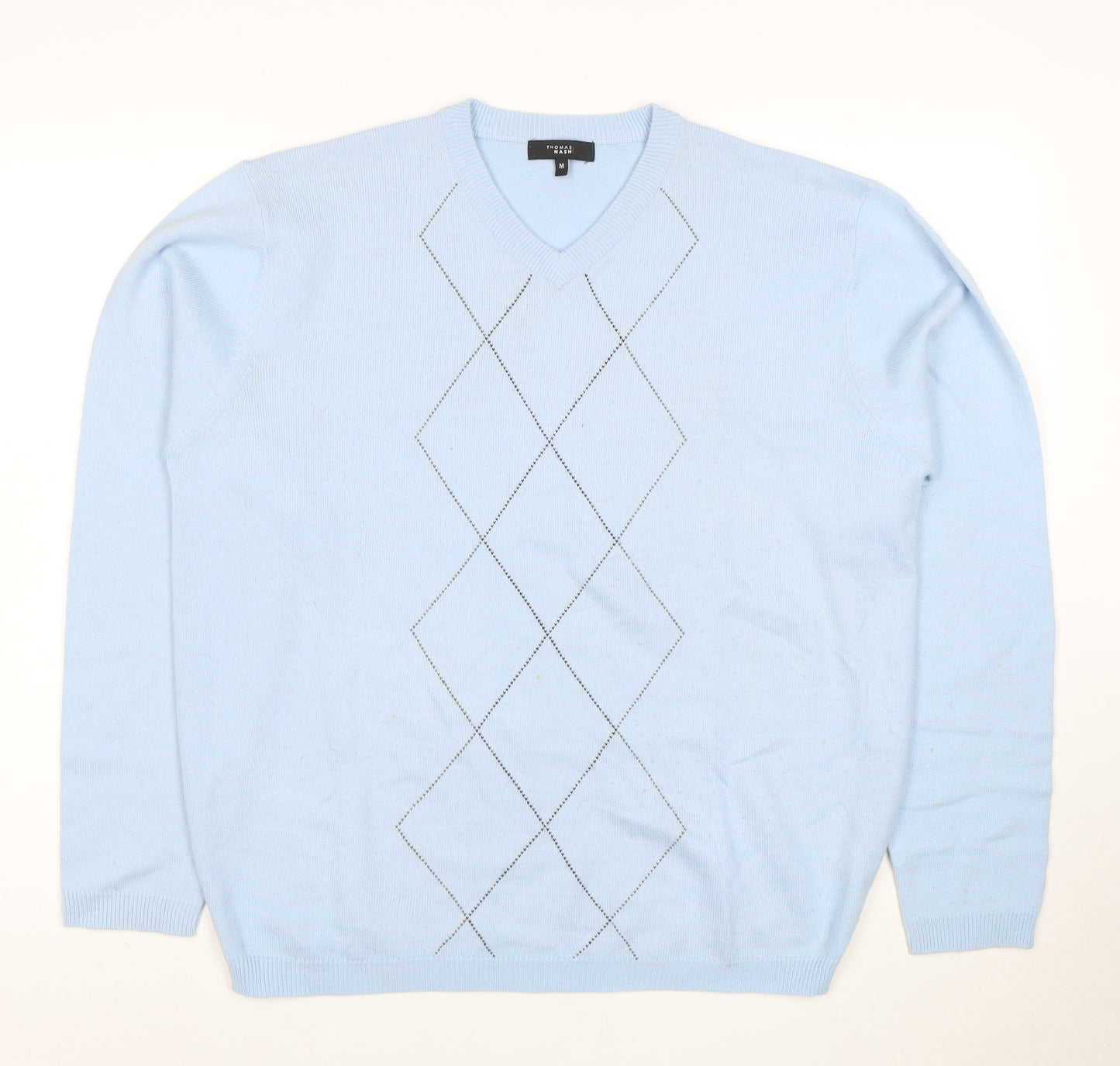 Thomas Nash Men's Blue Argyle V-Neck Acrylic Jumper M
