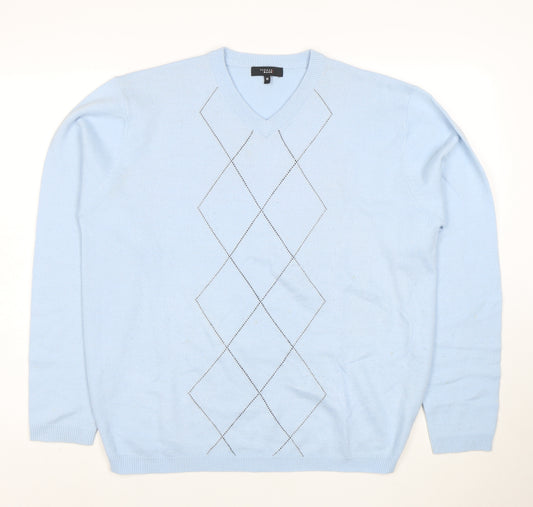 Thomas Nash Men's Blue Argyle V-Neck Acrylic Jumper M