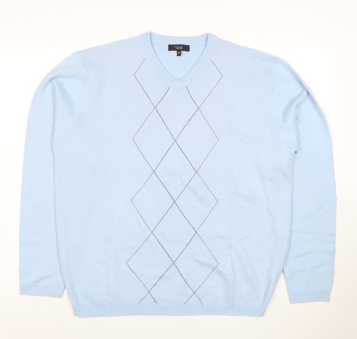 Thomas Nash Men's Blue Argyle V-Neck Acrylic Jumper M