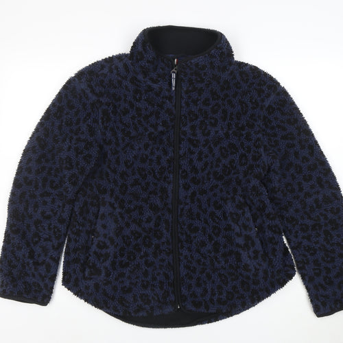 Joules Women’s Blue Leopard Fleece Jacket Size 10 Warm Zip Mid-Length