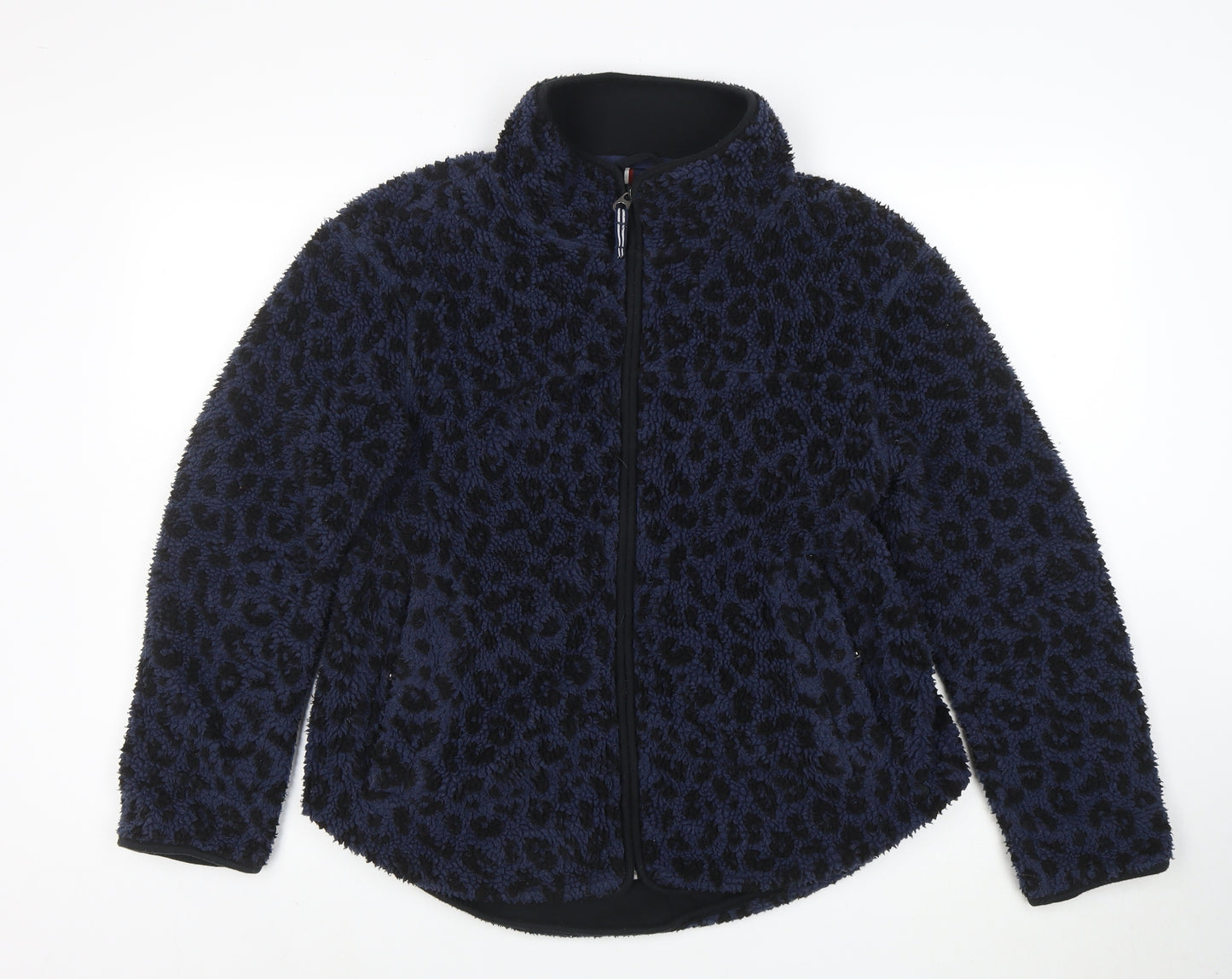 Joules Women’s Blue Leopard Fleece Jacket Size 10 Warm Zip Mid-Length