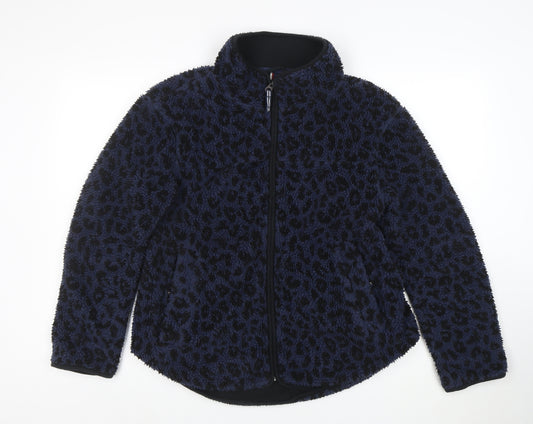 Joules Women’s Blue Leopard Fleece Jacket Size 10 Warm Zip Mid-Length