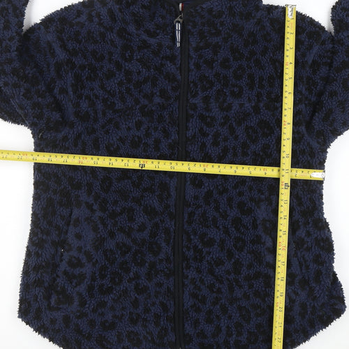 Joules Women’s Blue Leopard Fleece Jacket Size 10 Warm Zip Mid-Length