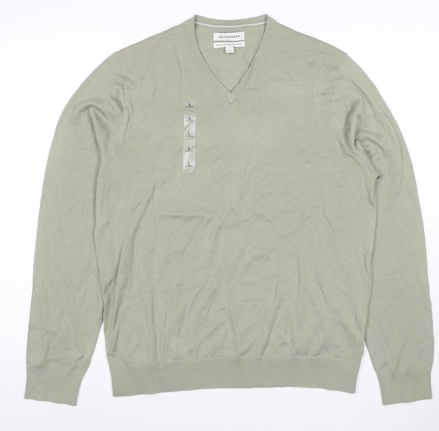 Marks and Spencer Men's Green Merino Wool V-Neck Jumper L