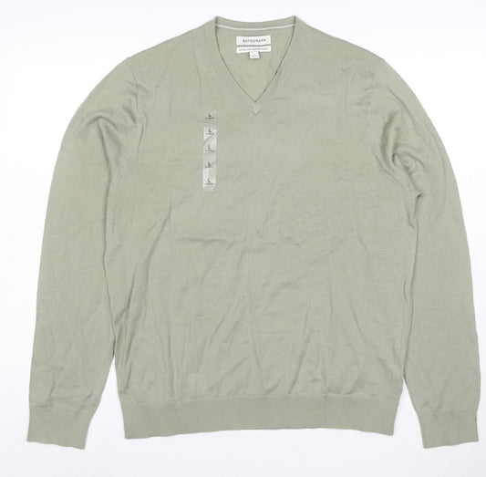 Marks and Spencer Men's Green Merino Wool V-Neck Jumper L