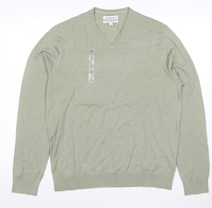 Marks and Spencer Men's Green Merino Wool V-Neck Jumper L