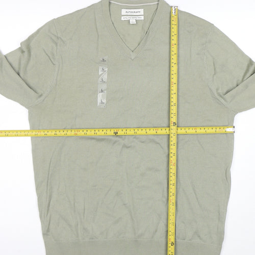 Marks and Spencer Men's Green Merino Wool V-Neck Jumper L