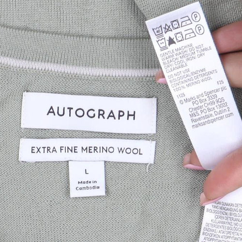 Marks and Spencer Men's Green Merino Wool V-Neck Jumper L