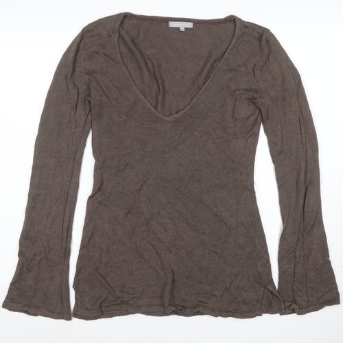 Karen Cole Women Brown V-Neck Long Sleeve Linen Cotton Jumper L