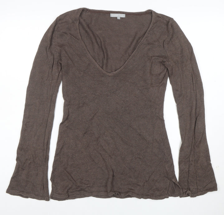 Karen Cole Women Brown V-Neck Long Sleeve Linen Cotton Jumper L