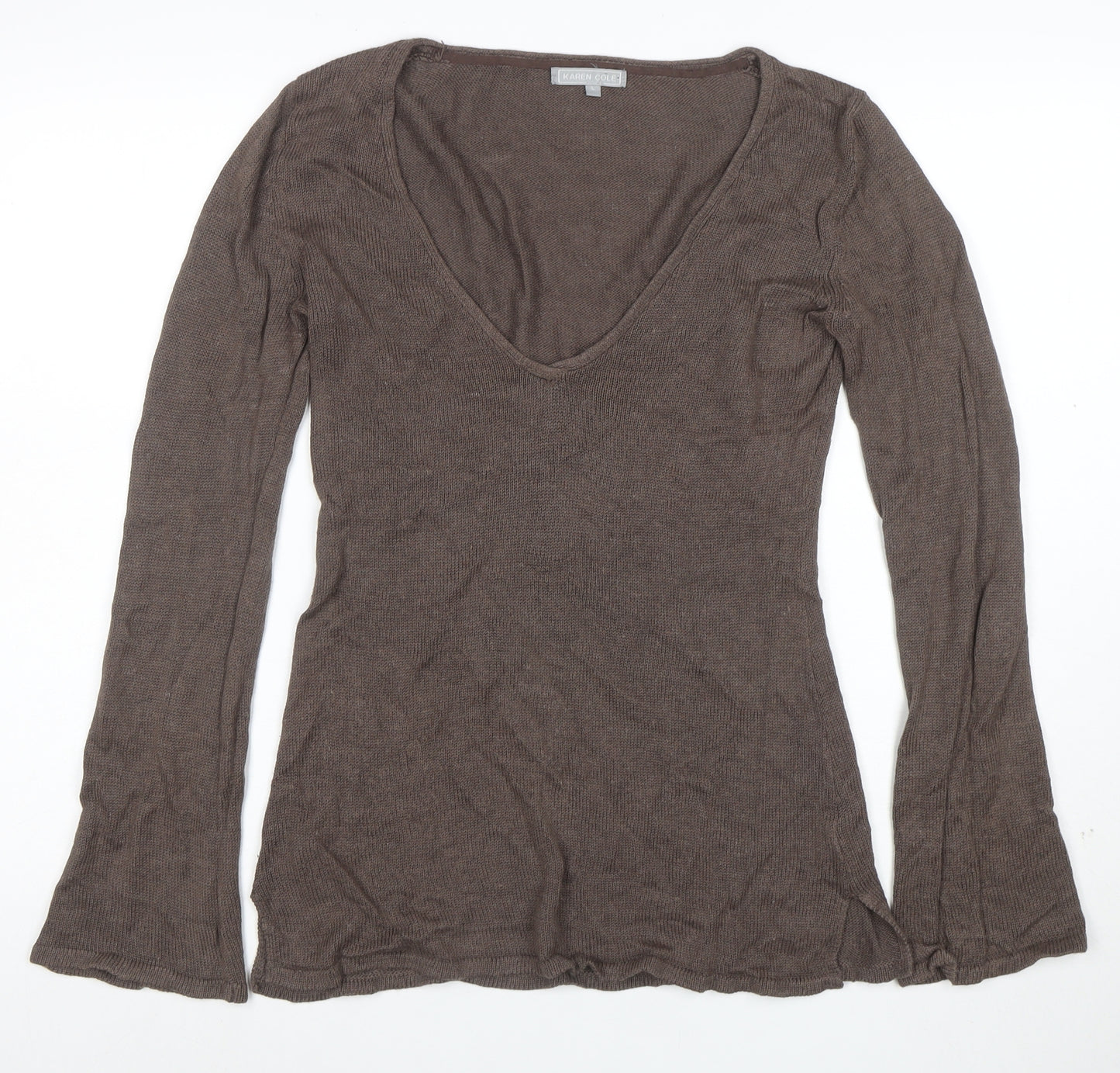 Karen Cole Women Brown V-Neck Long Sleeve Linen Cotton Jumper L