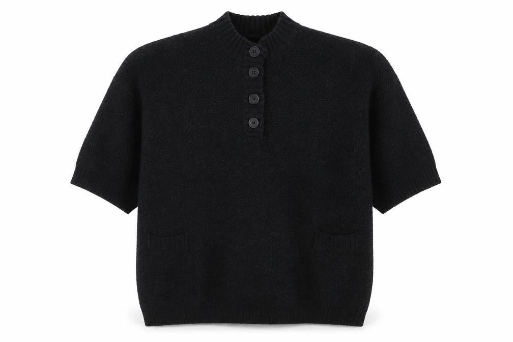 Front view of Two Danes Women's Black Lambswool Henley Jumper, size M