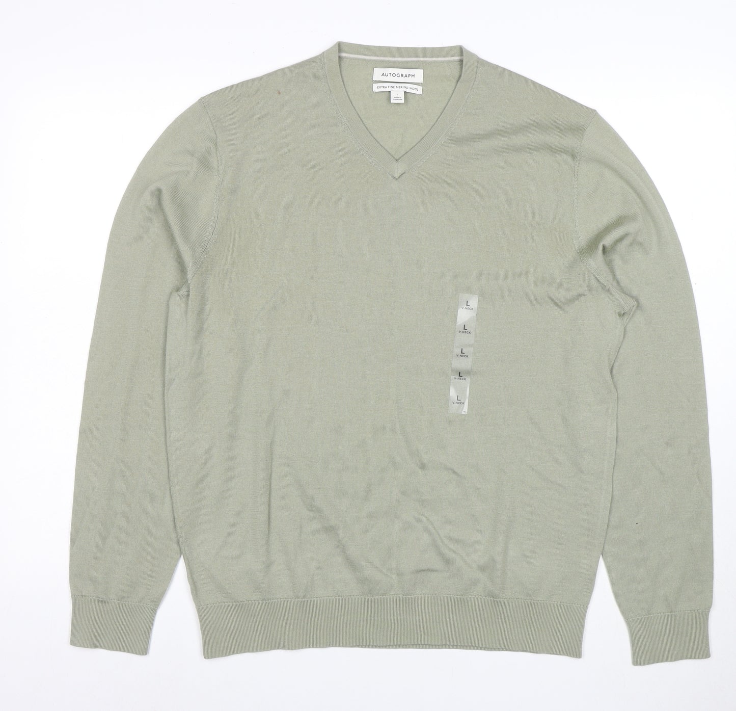 Marks and Spencer Men’s Green Merino Wool V-Neck Jumper L