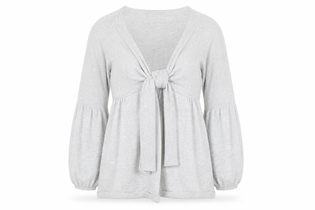 Front view of mamas & papas women’s grey knit bow front cardigan, size UK 12-14