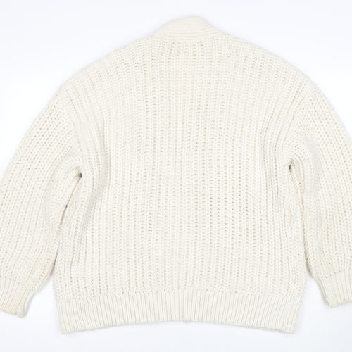 H&M Women Ivory Chunky Knit Cardigan M Relaxed Fit Wool Blend