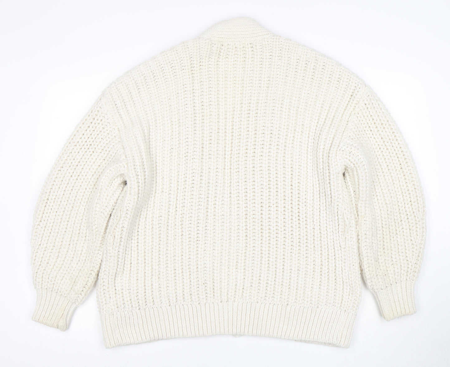 H&M Women Ivory Chunky Knit Cardigan M Relaxed Fit Wool Blend