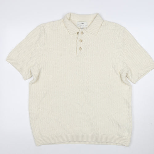 Marks and Spencer Mens Ivory Cotton Knit Collared Henley Jumper L