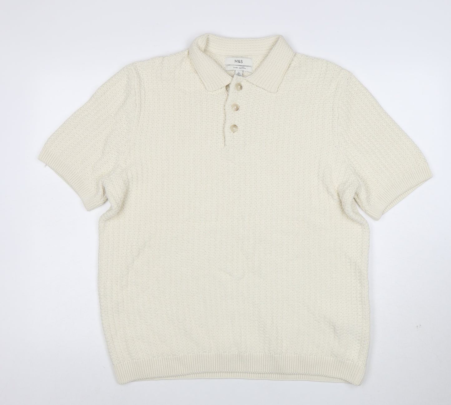 Marks and Spencer Mens Ivory Cotton Knit Collared Henley Jumper L