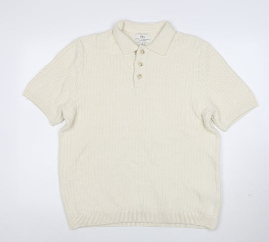 Marks and Spencer Mens Ivory Cotton Knit Collared Henley Jumper L