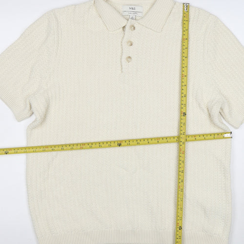 Marks and Spencer Mens Ivory Cotton Knit Collared Henley Jumper L