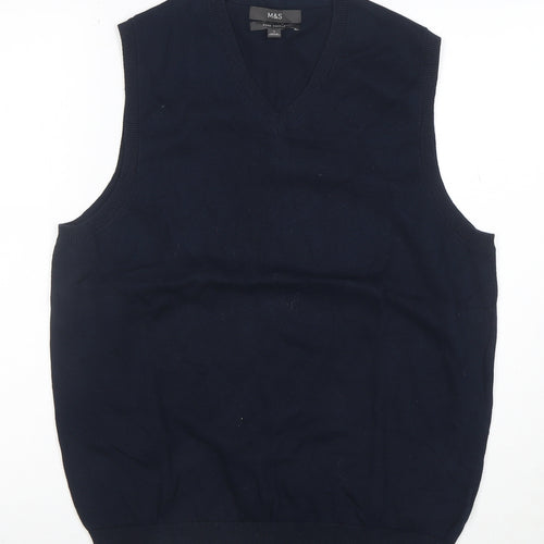Marks and Spencer Men's Blue Cotton V-Neck Sleeveless Vest M