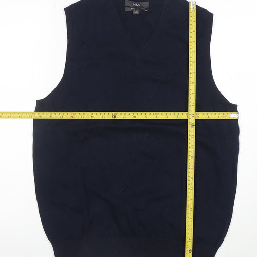 Marks and Spencer Men's Blue Cotton V-Neck Sleeveless Vest M