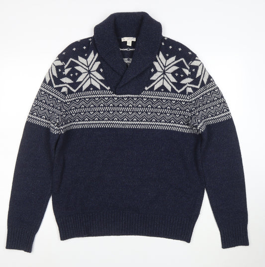 Gap Men Blue Fair Isle Shawl Collar Wool Jumper Size M