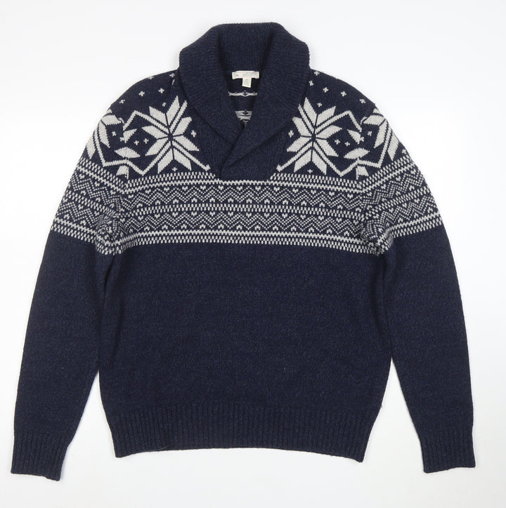 Gap Men Blue Fair Isle Shawl Collar Wool Jumper Size M
